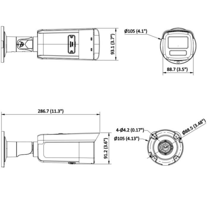 Rysunek techniczny kamery tubowej Hikvision 4Mpx